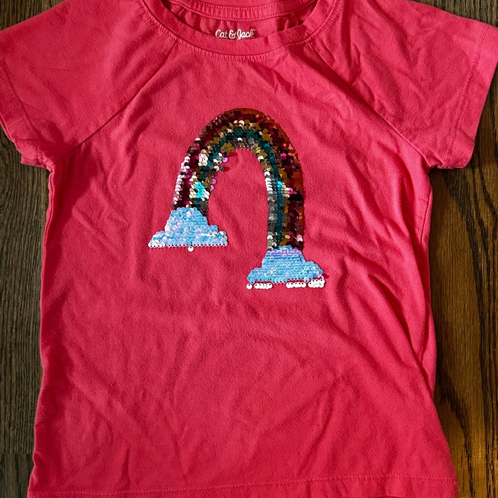 Cat & Jack Pink Short Sleeve Tee with Sequin Rainbow